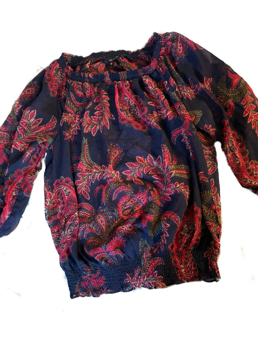Daisy Fuentes Navy Off-Shoulder Blouse with Pink Paisley